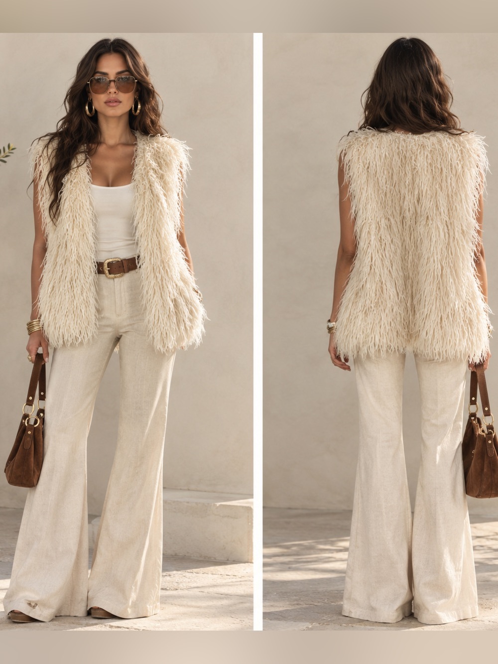 Elegant Y2K Cream shaggy Boho 70’s Revival Mob Wife Faux Fur Vest Size Medium